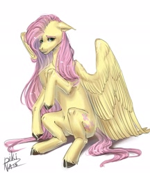 Size: 1768x2048 | Tagged: safe, artist:pikinas13, imported from derpibooru, fluttershy, pegasus, pony, floppy ears, simple background, sitting, solo, white background