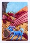 Size: 4901x6931 | Tagged: safe, artist:cahandariella, imported from derpibooru, trixie, dragon, horse, pony, unicorn, atg 2024, cavern, full background, gold, horn, marker drawing, newbie artist training grounds, scared, sleeping, thief, too dumb to live, traditional art, trixie is a goddamn moron