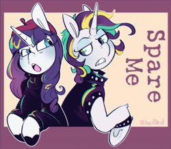 Size: 3000x2598 | Tagged: safe, artist:urbanqhoul, imported from derpibooru, rarity, pony, unicorn, alternate hairstyle, beatnik rarity, beret, clothes, duality, female, gritted teeth, hat, high res, horn, leather, leather vest, lidded eyes, mare, open mouth, passepartout, punk, raripunk, signature, spiked wristband, sweater, teeth, text, turtleneck, vest, wristband