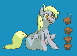 Size: 1914x1392 | Tagged: safe, artist:bebekitty, imported from derpibooru, derpy hooves, pegasus, pony, blue background, blushing, cute, derpabetes, emanata, food, muffin, simple background, sitting, smiling, solo, tongue out, wingless