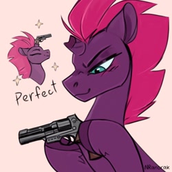 Size: 1240x1240 | Tagged: safe, artist:anoraknr, imported from derpibooru, tempest shadow, pony, unicorn, broken horn, eyes closed, gun, handgun, headcannon, horn, prosthetic horn, prosthetics, revolver, smiling, solo, sparkles, uh oh, weapon