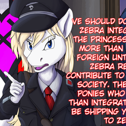 Size: 382x382 | Tagged: safe, artist:lordofnothing, edit, imported from twibooru, part of a set, oc, oc only, oc:aryanne, anthro, earth pony, clothes, commission, dialogue, eyebrows, female, flag, frown, image, indoors, nazi, nazi flag, necktie, open mouth, painting, png, racism, solo, swastika, thumbnail, uniform