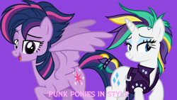 Size: 1920x1080 | Tagged: safe, artist:cheezedoodle96, artist:davidsfire, edit, editor:jaredking779, imported from derpibooru, rarity, twilight sparkle, alicorn, pony, unicorn, alternate hairstyle, bracelet, clothes, duo, duo female, female, horn, jacket, jewelry, lidded eyes, mohawk, punk, punklight sparkle, purple background, simple background, twilight sparkle (alicorn)