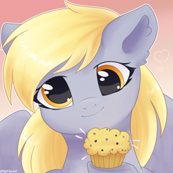 Size: 1500x1500 | Tagged: safe, artist:maravor, imported from derpibooru, derpy hooves, pegasus, pony, female, food, gradient background, mare, muffin, smiling, solo