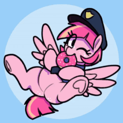 Size: 500x500 | Tagged: safe, artist:thebatfang, imported from derpibooru, oc, oc only, oc:sweet serving, pegasus, pony, animated, belly, cute, donut, food, gif, pegasus oc, police officer, solo, wings
