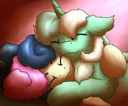 Size: 2400x2000 | Tagged: safe, artist:gosha305, imported from derpibooru, bon bon, lyra heartstrings, sweetie drops, pony, bust, chest fluff, cute, duo, ear fluff, eyes closed, female, fluffy, horn, hug, lesbian, lying down, lyrabetes, lyrabon, mare, morning, portrait, shipping, sleeping, smiling, snuggling