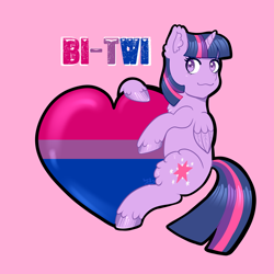 Size: 3200x3200 | Tagged: safe, artist:yumomochan, imported from derpibooru, twilight sparkle, alicorn, bilight sparkle, bisexual pride flag, female, heart, hug, mare, pride, pride flag, pride month, purple background, simple background, solo, twilight sparkle (alicorn)