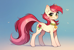 Size: 1216x832 | Tagged: safe, imported from derpibooru, roseluck, earth pony, pony, ai content, ai generated, collar, cute, female, fluffy, generator:pony diffusion v6 xl, generator:stable diffusion, gradient background, long tail, looking at you, mare, pet tag, pony pet, prompter:doom9454, rosepet, solo, standing, tail