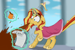 Size: 1500x1000 | Tagged: safe, artist:rapid9, imported from derpibooru, sunset shimmer, pony, unicorn, bacon hair, clothes, coffee, coffee mug, crown, dress, floppy ears, hoof shoes, horn, jewelry, levitation, magic, magic aura, motion lines, mug, pinpoint eyes, princess, puffy cheeks, raised hoof, regalia, spit take, surprised, telekinesis