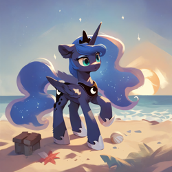 Size: 2048x2048 | Tagged: safe, imported from derpibooru, princess luna, alicorn, pony, ai content, ai generated, beach, crown, ear fluff, female, folded wings, full body, generator:pony diffusion v6 xl, generator:stable diffusion, horn, jewelry, looking away, mare, one ear down, prompter:liladash, regalia, solo, sun, water, wings