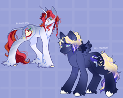 Size: 4500x3600 | Tagged: safe, artist:fhroggy, imported from derpibooru, oc, oc only, oc:fruit bat, oc:magic apple, alicorn, classical unicorn, pony, unicorn, cloven hooves, cousins, duo, horn, leonine tail, magical gay spawn, magical lesbian spawn, male, offspring, parent:applejack, parent:big macintosh, parent:princess luna, parent:shining armor, parents:lunajack, parents:shiningmac, stallion, unshorn fetlocks