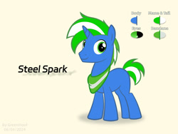 Size: 2000x1500 | Tagged: safe, artist:greenhoof, imported from derpibooru, oc, oc:steel spark, pony, unicorn, bandana, horn, male, reference sheet, solo, stallion, two toned mane, vector