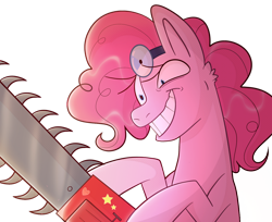 Size: 1280x1042 | Tagged: safe, artist:aphrogaia, imported from derpibooru, pinkie pie, earth pony, pony, cupcakes hd, fanfic:cupcakes, chainsaw, evil grin, female, grin, insanity, mare, pinkamena diane pie, simple background, smiling, solo, sticker, transparent background