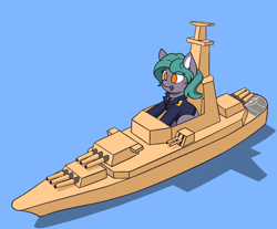 Size: 3500x2900 | Tagged: safe, artist:zeroonesunray, imported from derpibooru, oc, oc only, oc:clam chowder, equestria at war mod, adorable face, background, battleship, blue background, cardboard, cute, female, filly, foal, gun, happy, simple background, solo, weapon