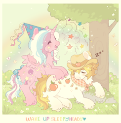 Size: 1586x1617 | Tagged: safe, artist:buwugy, imported from derpibooru, applejack (g1), twilight, oc, oc:apple crisp, oc:binkle, alicorn, butterfly, pony, alicorn oc, beanbrows, bush, butt fluff, chest fluff, clothes, colored eyebrows, colored pinnae, colored wings, colored wingtips, couple, cowboy hat, cream coat, day, detailed background, duo, duo male and female, eyebrows, eyebrows visible through hair, eyelashes, facial markings, female, fetlock tuft, g1, grass, hat, hennin, horn, kinsona, long mane, long tail, lying down, male, mare, multicolored mane, multicolored tail, neckerchief, onomatopoeia, open mouth, open smile, orange mane, orange tail, outdoors, pastel, polaroid, profile, rainbow, rainbow text, rearing, rock, scarf, sleeping, small wings, smiling, sound effects, sparkly mane, sparkly tail, spread wings, stallion, stars, straight, tail, text, three toned mane, three toned tail, tree, tri-color mane, tri-colored mane, tricolored mane, two toned wings, underhoof, unicorn horn, unshorn fetlocks, wall of tags, wings, zzz