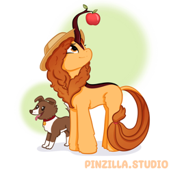Size: 640x640 | Tagged: safe, artist:pinzillastudio, imported from derpibooru, winona, oc, oc only, dog, kirin, pony, apple, applejack's hat, collar, cowboy hat, duo, duo female, female, food, fusion, fusion:applejack, fusion:autumn blaze, fusion:autumnjack, hairband, hat, kirin oc, looking up, simple background, smiling, tongue out, white background