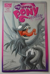 Size: 623x911 | Tagged: safe, artist:jared barber, idw, imported from derpibooru, twilight sparkle, alicorn, pony, antagonist, claws, comic cover, cover, cover art, crossover, evil, fan cover, female, long tongue, marvel, my little pony logo, sharp teeth, solo, spider-man, symbiote, symbiote pony, teeth, tongue out, traditional art, twilight sparkle (alicorn), venom, venom twilight