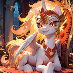 Size: 1024x1024 | Tagged: safe, imported from derpibooru, daybreaker, alicorn, pony, ai content, ai generated, female, generator:pony diffusion v6 xl, generator:stable diffusion, looking at you, lying, mare, prompter:rnd hallucination, smiling, solo, wings