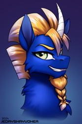 Size: 2000x3000 | Tagged: safe, artist:jedayskayvoker, imported from derpibooru, oc, oc:tequila azide, pony, unicorn, beard, bust, cheek fluff, chest fluff, curved horn, evil grin, facial hair, fluffy, gradient background, grin, horn, icon, looking at you, male, portrait, smiling, solo, stallion, subscribestar reward, thick eyebrows, unicorn oc