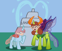 Size: 979x816 | Tagged: safe, artist:magerblutooth, imported from derpibooru, ocellus, thorax, changedling, changeling, human, original species, commission, confused, duo, duo male and female, female, female to male, fountain, head swap, human head, human head changeling, humanized, king thorax, male, male to female, mesosoma, open mouth, queen mesosoma, raised hoof, rule 63, tarsus, transformation, transgender transformation
