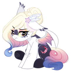 Size: 1619x1665 | Tagged: safe, artist:emberslament, imported from derpibooru, oc, oc only, oc:midnight rouge, bat pony, pony, bat pony oc, bat wings, cute, eyeliner, eyeshadow, feather, feather in hair, female, freckles, gradient mane, grumpy, hair bun, makeup, mare, mottled coat, simple background, sitting, transparent background, underhoof, wings