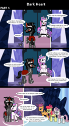 Size: 1920x3516 | Tagged: safe, artist:platinumdrop, imported from derpibooru, apple bloom, king sombra, princess flurry heart, scootaloo, sweetie belle, alicorn, earth pony, pegasus, pony, unicorn, comic:dark heart, 3 panel comic, abuse, alternate timeline, angry, applebuse, armor, chains, collar, comic, commission, crystal, crystal castle, crystal empire, cutie mark crusaders, dark crystal, dialogue, evil flurry heart, female, flurry heart is amused, flurrybra, folded wings, horn, husband and wife, indoors, looking at each other, looking at someone, male, mare, nervous, nuzzling, older, older apple bloom, older cmc, older flurry heart, older scootaloo, older sweetie belle, scootabuse, shipping, sitting, slave, slave collar, smiling, smug, smug smile, speech bubble, spiked collar, spiked wristband, stallion, straight, surprised, sweetiebuse, throne, throne room, up to no good, victorious villain, walking, wall of tags, wings, wristband