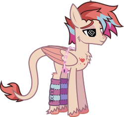 Size: 1666x1571 | Tagged: safe, artist:lightningbolt, derpibooru exclusive, imported from derpibooru, oc, oc only, oc:cardia, pony, .svg available, birthmark, chains, cheek fluff, chest fluff, clothes, colored wings, colored wingtips, commission, female, folded wings, hair over one eye, leg warmers, leonine tail, lidded eyes, lock, mare, show accurate, simple background, solo, standing, svg, swirly eyes, tail, transparent background, unshorn fetlocks, vector, wings