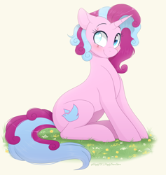 Size: 1300x1373 | Tagged: safe, artist:higgly-chan, imported from derpibooru, oc, oc only, oc:cotton candy, pony, unicorn, blind eye, blushing, eye scar, facial scar, female, grass, horn, looking at you, scar, signature, simple background, sitting, smiling, solo