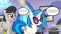 Size: 1280x720 | Tagged: safe, artist:epicheavytf2, artist:pyrogaming, imported from derpibooru, dj pon-3, octavia melody, vinyl scratch, earth pony, pony, unicorn, slice of life (episode), absolutenutcase162, bowtie, demon core, duo, duo female, female, glasses, horn, imminent death, magic, magic aura, mare, meme, raised hoof, record, screwdriver, shitposting, smiling, speech bubble, talking, telekinesis, text, this will end in death, this will end in radiation poisoning, this will end in tears, this will end in tears and/or death, unaware