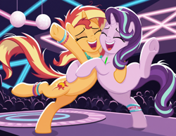 Size: 1728x1344 | Tagged: safe, imported from derpibooru, starlight glimmer, sunset shimmer, pony, unicorn, ai content, ai generated, beads, bracelet, cheek to cheek, crowd, cute, dancing, duo, duo female, eyes closed, female, friendshipping, frog (hoof), generator:bluefox mix, generator:stable diffusion, glimmerbetes, glowstick, horn, hug, indoors, jewelry, leaning, leaning on someone, leg bracelet, mare, messy mane, necklace, neon, nightclub, open mouth, open smile, prompter:tyto4tme4l, raised leg, shimmerbetes, show accurate, smiling, stage, teeth, underhoof, uvula