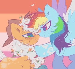 Size: 1141x1060 | Tagged: safe, alternate version, artist:mirtash, imported from derpibooru, applejack, rainbow dash, earth pony, pegasus, pony, alternate design, alternate eye color, appledash, applejack's hat, blonde mane, blonde tail, blue coat, blushing, boop, colored wings, colored wingtips, cowboy hat, duo, duo female, ear fluff, emanata, eyebrows, eyebrows visible through hair, eyelashes, facing each other, female, flag background, flower, flower in hair, flying, freckles, frown, green eyes, hat, leg freckles, lesbian, lesbian pride flag, lidded eyes, long mane, looking at each other, looking at someone, mare, multicolored hair, narrowed eyes, noseboop, orange coat, ponytail, pride, pride flag, rainbow hair, raised hoof, red eyes, shiny eyes, shipping, smiling, smiling at someone, sparkly mane, splotches, spread wings, standing, tail, tied mane, two toned wings, wings, zoomed in