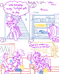 Size: 4779x6013 | Tagged: safe, artist:adorkabletwilightandfriends, imported from derpibooru, moondancer, twilight sparkle, alicorn, pony, comic:adorkable twilight and friends, adorkable, adorkable twilight, book, chips, chocolate, comic, couch, curtains, cute, dork, eating, feather, food, indulgence, kitchen, magic, oats, pantry, rain, reading, relaxed, relaxed face, relaxing, rice, shocked, shocked expression, sitting, slice of life, snacks, sneaking, sneaky, spooked, staircase, stairs, surprised, surprised face, twilight sparkle (alicorn), wings