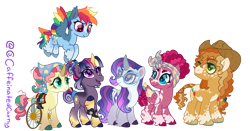Size: 1250x655 | Tagged: safe, artist:caffeinatedcarny, imported from derpibooru, applejack, fluttershy, pinkie pie, rainbow dash, rarity, twilight sparkle, earth pony, pegasus, pony, unicorn, adhd, afro mane, alternate cutie mark, alternate design, applejack's hat, arthritis, autism, bandana, blanket, blaze (coat marking), body freckles, braid, braided tail, cheek fluff, chubby, cloven hooves, coat markings, colored ears, colored hooves, colored wings, compression sleeves, countershading, cowboy hat, curved horn, disabled, down syndrome, ear fluff, ear tufts, eyeshadow, facial markings, feathered fetlocks, flying, folded wings, freckles, glasses, gradient hooves, gradient horn, gradient legs, gradient mane, gradient tail, group, group photo, hair bun, hair tie, hair wrap, hat, headcanon, heterochromia, hoof on chest, horn, horseshoes, leg brace, leg fluff, leg freckles, leonine tail, lgbt, lgbt headcanon, lgbtq, lidded eyes, looking at someone, looking up, makeup, mane six, mealy mouth (coat marking), multicolored wings, open mouth, open smile, pegasus pinkie pie, physique difference, ponytail, race swap, rainbow wings, raised hoof, redesign, sextet, short hair, short hair rainbow dash, simple background, smiling, socks (coat markings), spread wings, squishy cheeks, standing, tail, tail feathers, tain bun, transgender, transparent background, unicorn fluttershy, unicorn twilight, unshorn fetlocks, updo, vitiligo, wall of tags, wheelchair, wings