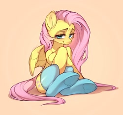 Size: 2048x1918 | Tagged: safe, artist:minekoo2, imported from derpibooru, fluttershy, pegasus, pony, bedroom eyes, clothes, cute, female, gradient background, high res, lidded eyes, looking at you, mare, shyabetes, sitting, socks, solo