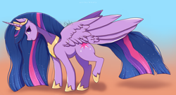 Size: 1280x697 | Tagged: safe, artist:nnaly, imported from derpibooru, twilight sparkle, alicorn, pony, the last problem, crown, ethereal mane, female, gradient background, hoof shoes, jewelry, looking at you, mare, older, older twilight, older twilight sparkle (alicorn), peytral, princess twilight 2.0, raised hoof, regalia, smiling, smiling at you, solo, starry mane, starry tail, tail, twilight sparkle (alicorn)