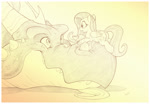 Size: 1789x1244 | Tagged: safe, artist:sherwoodwhisper, imported from derpibooru, fluttershy, dragon, pegasus, pony, cup, female, food, male, mare, monochrome, size difference, tea, teacup, teapot