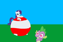 Size: 1280x854 | Tagged: artist needed, safe, artist:simonstudio587, imported from derpibooru, rarity, spike, dragon, pony, unicorn, 1000 hours in ms paint, bloated, blue sky, circle tool, duo, duo male and female, eyeshadow, female, grass, grass field, heart, heart eyes, horn, inflation, lidded eyes, makeup, male, mare, shipping, smiling, sparity, spherical inflation, straight, wingding eyes, yoga