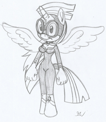 Size: 1169x1346 | Tagged: safe, artist:lol20, imported from derpibooru, masked matter-horn, twilight sparkle, alicorn, anthro, breasts, busty twilight sparkle, clothes, costume, female, monochrome, power ponies, simple background, smiling, solo, sonic design, traditional art, twilight sparkle (alicorn), white background