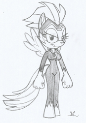 Size: 911x1310 | Tagged: safe, artist:lol20, imported from derpibooru, rainbow dash, zapp, anthro, pegasus, alternate design, breasts, busty rainbow dash, clothes, costume, female, monochrome, power ponies, simple background, smiling, smirk, solo, sonic design, traditional art, white background