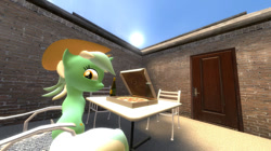 Size: 1080x606 | Tagged: safe, artist:ports2005, imported from derpibooru, lyra heartstrings, pony, 3d, chair, food, gmod, happy, hat, looking at you, pizza, sky, solo, summer, sun, table