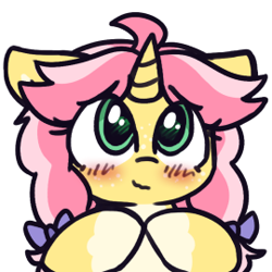 Size: 270x270 | Tagged: safe, artist:rivibaes, imported from derpibooru, oc, oc only, oc:crafty circles, unicorn, blushing, bow, bust, coat markings, colored belly, cute, female, filly, floppy ears, foal, freckles, hair bow, hoof tapping, horn, looking at you, not kettle corn, simple background, smiling, socks (coat markings), solo, transparent background, wavy mouth