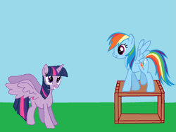 Size: 1371x1026 | Tagged: safe, artist:qjosh, imported from derpibooru, rainbow dash, twilight sparkle, alicorn, pegasus, pony, 1000 hours in ms paint, box, female, inanimate tf, transformation, transformation sequence, twilight sparkle (alicorn)