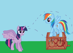 Size: 1411x1026 | Tagged: safe, artist:qjosh, imported from derpibooru, rainbow dash, twilight sparkle, alicorn, pegasus, pony, 1000 hours in ms paint, inanimate tf, magic, toy, transformation, transformation sequence, twilight sparkle (alicorn)