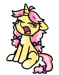 Size: 664x845 | Tagged: safe, artist:rivibaes, imported from derpibooru, oc, oc only, oc:crafty circles, pony, unicorn, bow, chest fluff, coat markings, colored belly, cute, female, filly, floppy ears, foal, freckles, hair bow, horn, not kettle corn, open mouth, simple background, sitting, socks (coat markings), solo, tail, tail bow, teary eyes, tired, transparent background, yawn