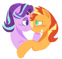 Size: 1456x1385 | Tagged: safe, artist:startrixfan, imported from derpibooru, starlight glimmer, sunset shimmer, pony, unicorn, blushing, cute, duo, duo female, female, horn, lesbian, looking at each other, looking at someone, shimmerglimmer, shipping, simple background, white background