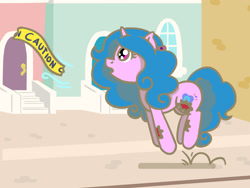 Size: 1800x1350 | Tagged: safe, artist:flutterluv, imported from derpibooru, part of a set, izzy moonbow, pony, undead, unicorn, zombie, zombie pony, atg 2024, caution tape, g5, horn, newbie artist training grounds, part of a series, pronking, solo