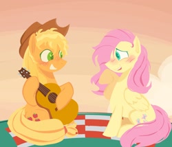 Size: 2048x1752 | Tagged: safe, artist:startrixfan, imported from derpibooru, applejack, fluttershy, earth pony, pegasus, pony, appleshy, blushing, cute, duo, duo female, female, grin, guitar, hat, heart, heart eyes, jackabetes, lesbian, musical instrument, picnic blanket, shipping, shyabetes, smiling, wingding eyes