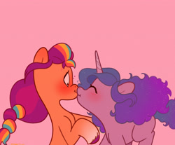 Size: 3000x2480 | Tagged: safe, artist:starburstuwu, imported from derpibooru, izzy moonbow, sunny starscout, earth pony, pony, unicorn, blushing, duo, duo female, eyes closed, female, g5, high res, horn, kiss on the lips, kissing, lesbian, mane stripe sunny, mare, moonscout, pink background, shipping, simple background, surprise kiss