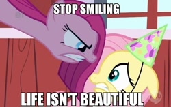 Size: 600x377 | Tagged: safe, edit, edited screencap, imported from derpibooru, screencap, fluttershy, pinkie pie, earth pony, pegasus, pony, party of one, season 1, 2013, angry, caption, duo, edgy, floppy ears, gritted teeth, hat, hub logo, image macro, impact font, logo, looking at each other, looking at someone, meme, party hat, pinkamena diane pie, scared, teeth, text, the hub