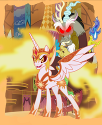 Size: 1600x1960 | Tagged: safe, artist:mm15766, imported from derpibooru, daybreaker, discord, princess celestia, alicorn, draconequus, alternate universe, concave belly, duo, duo male and female, female, indoors, male, ponyville town hall, slender, thin